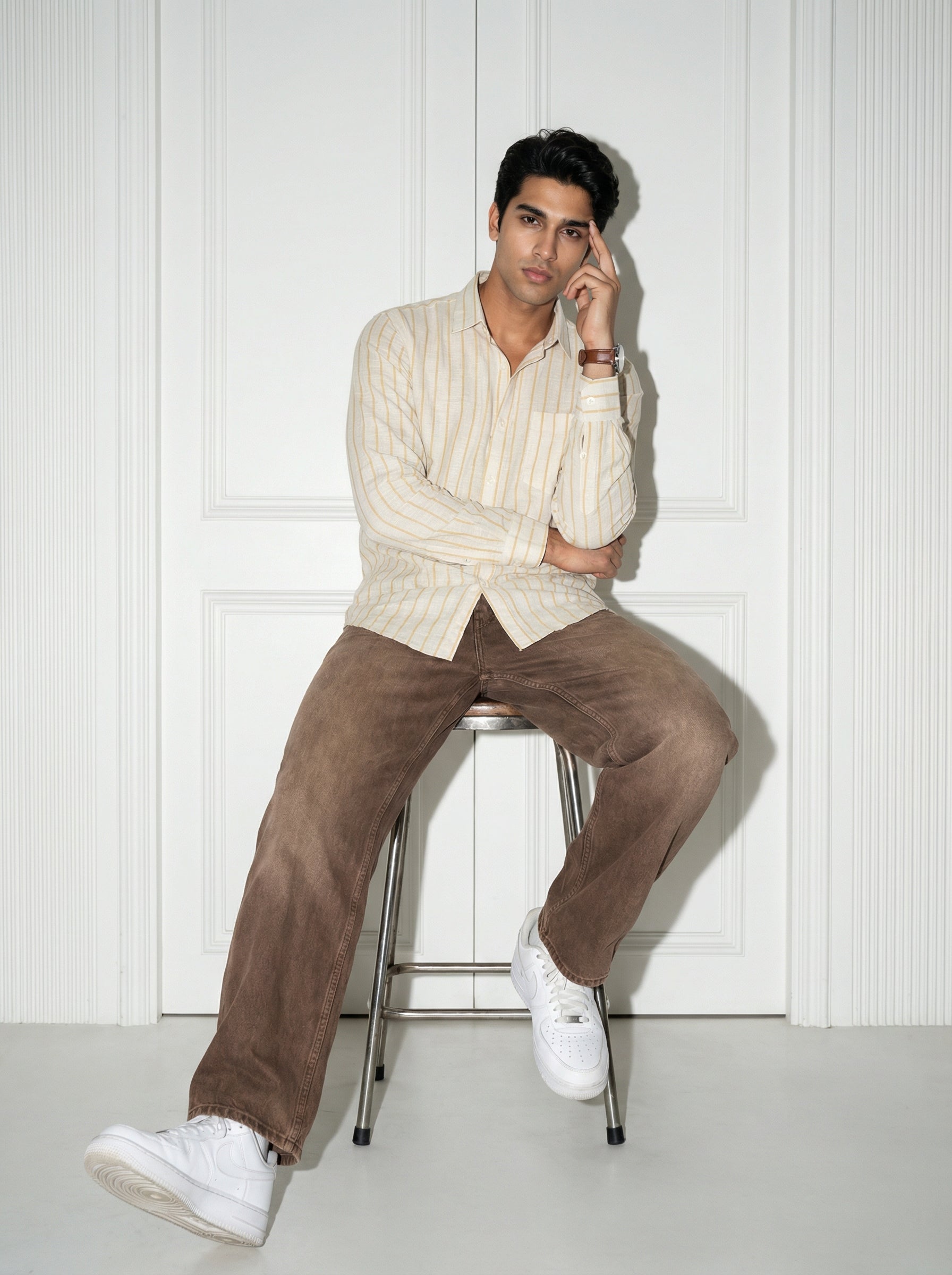 Yellow Striped Band Collar Men's Shirt (Handloom Fabric)