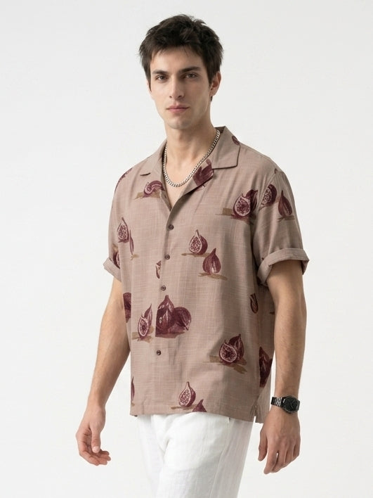Mauve Conversational Print Cotton Cuban Collar Oversized Men's Shirt