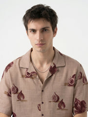 Mauve Conversational Print Cotton Cuban Collar Oversized Men's Shirt
