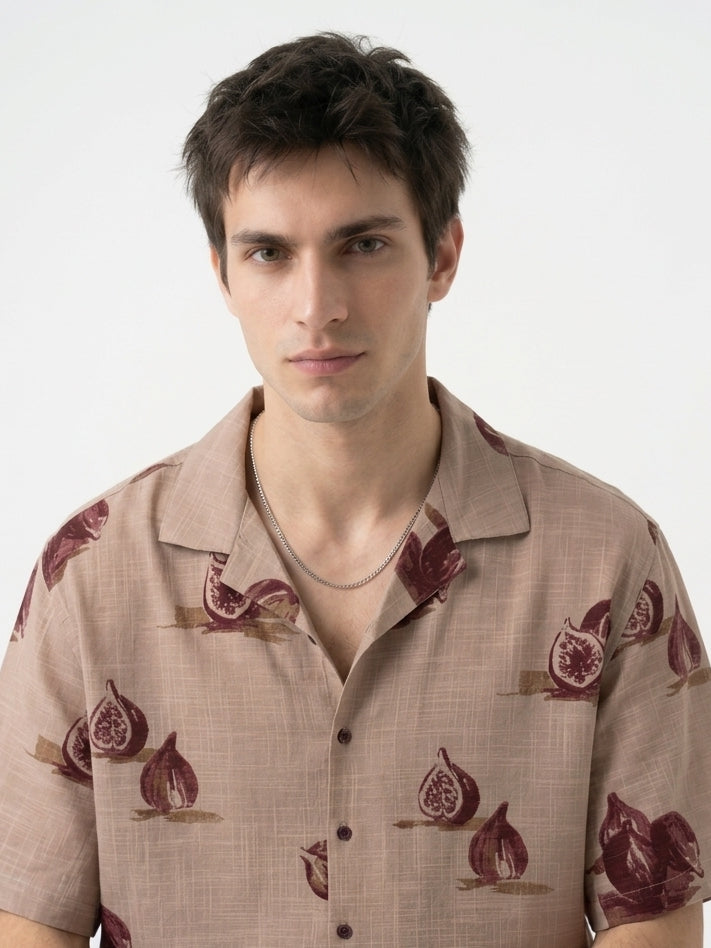 Mauve Conversational Print Cotton Cuban Collar Oversized Men's Shirt