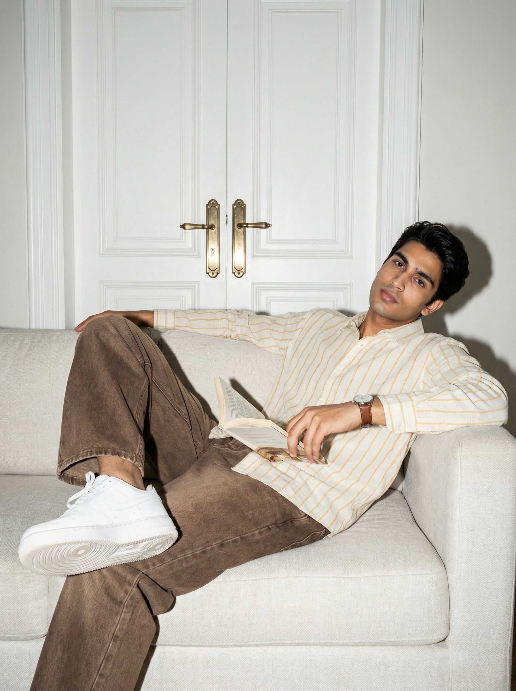 Yellow Striped Band Collar Men's Shirt (Handloom Fabric)