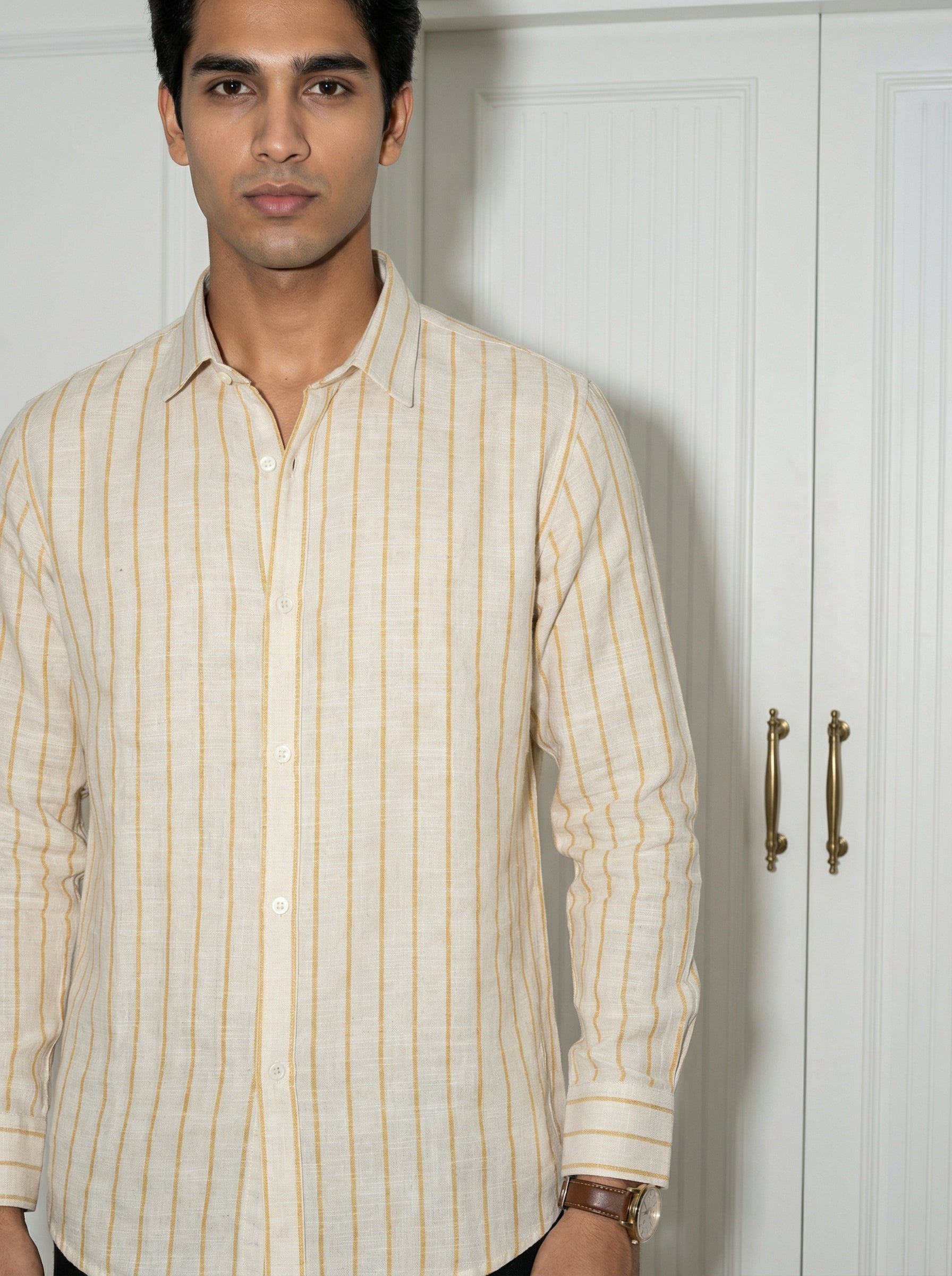 Yellow Striped Band Collar Men's Shirt (Handloom Fabric)
