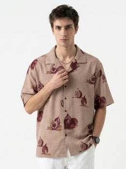 Mauve Conversational Print Cotton Cuban Collar Oversized Men's Shirt