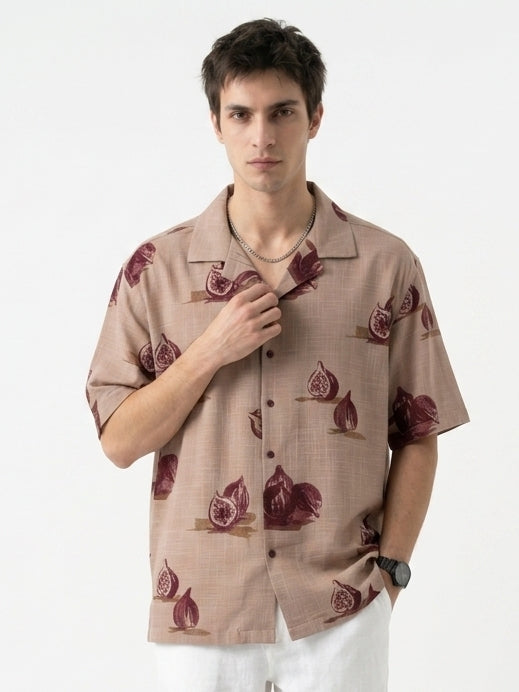 Mauve Conversational Print Cotton Cuban Collar Oversized Men's Shirt