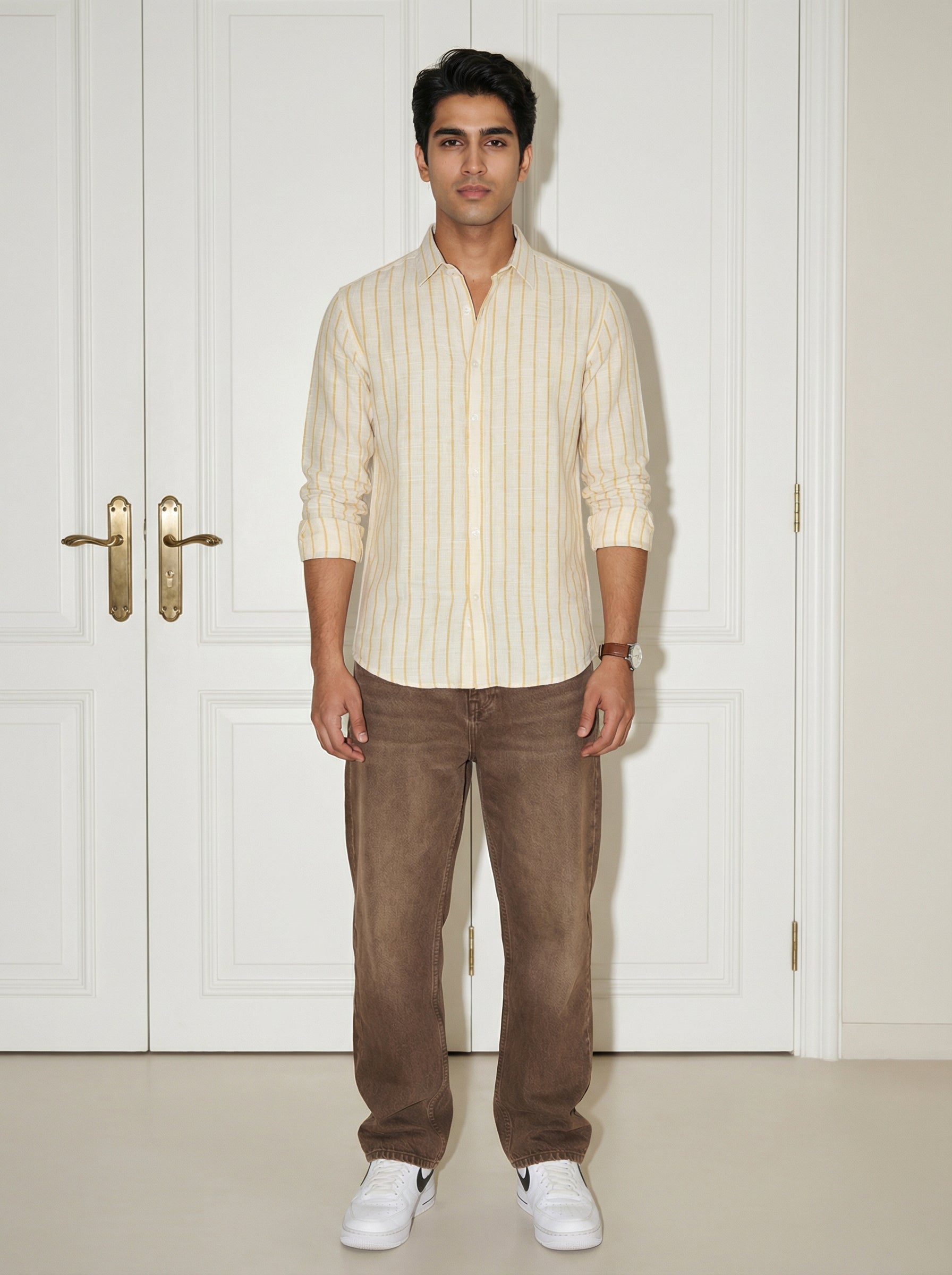 Yellow Striped Band Collar Men's Shirt (Handloom Fabric)