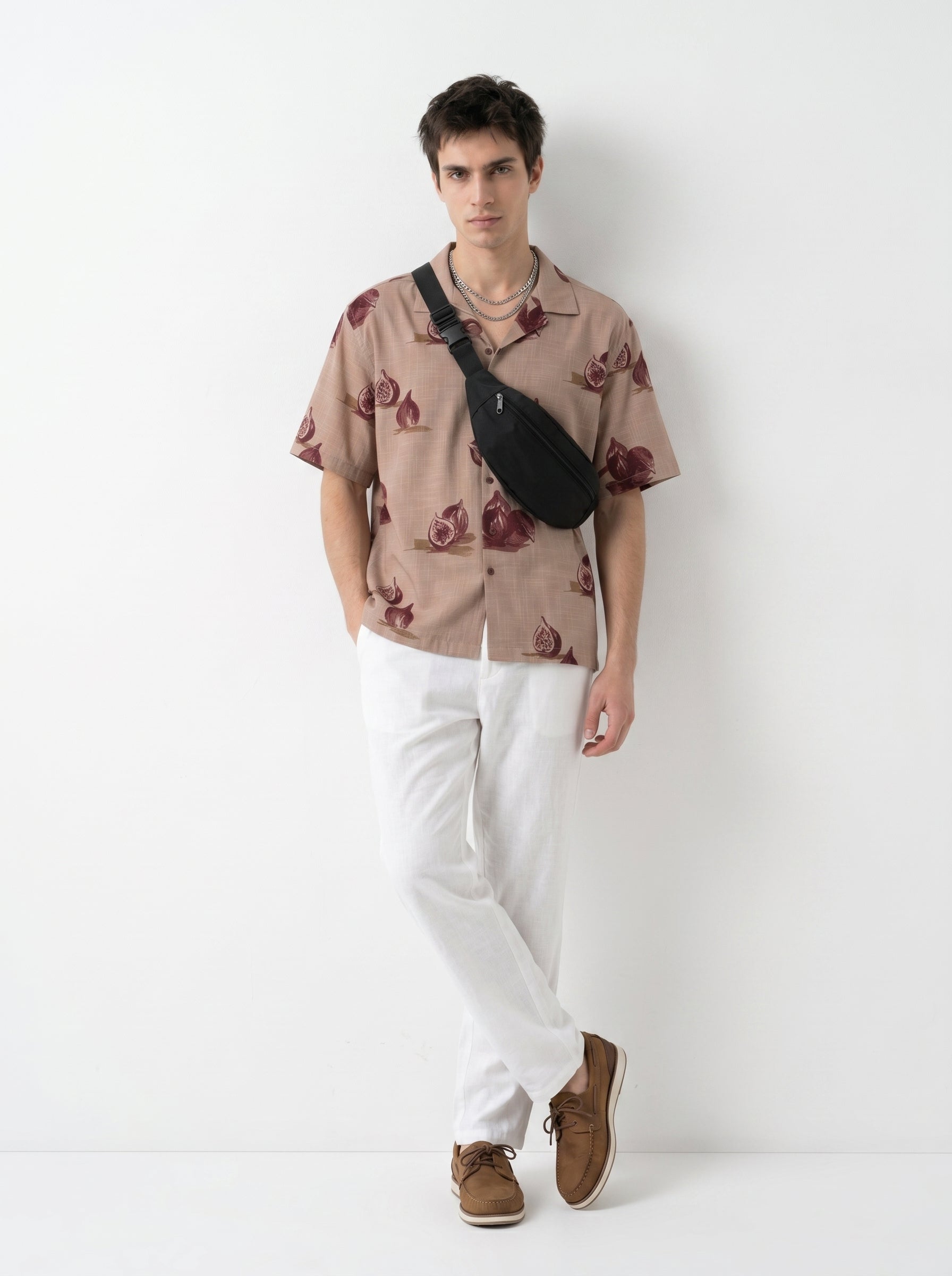 Mauve Conversational Print Cotton Cuban Collar Oversized Men's Shirt
