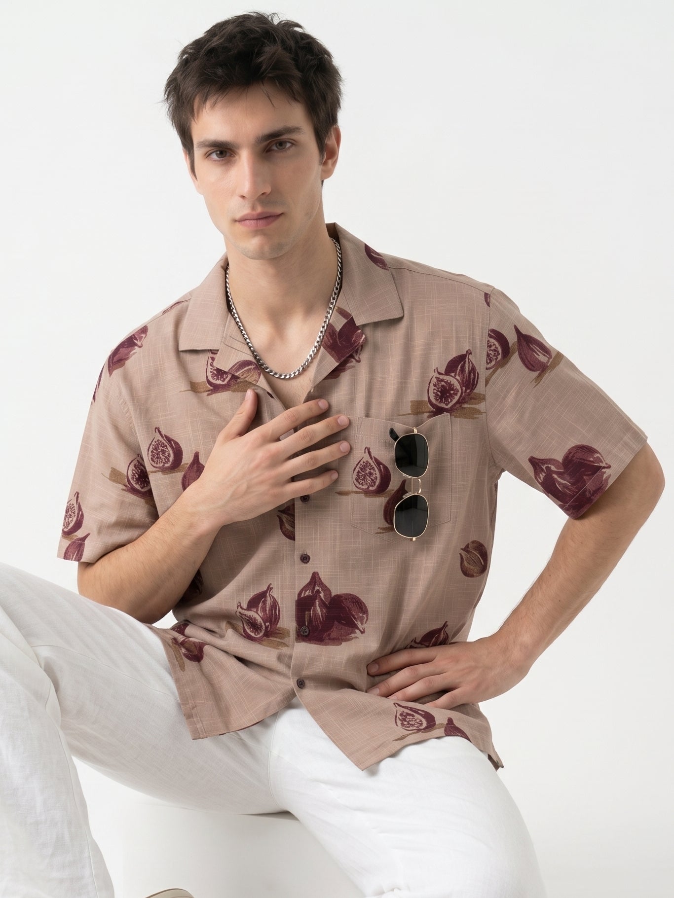 Mauve Conversational Print Cotton Cuban Collar Oversized Men's Shirt