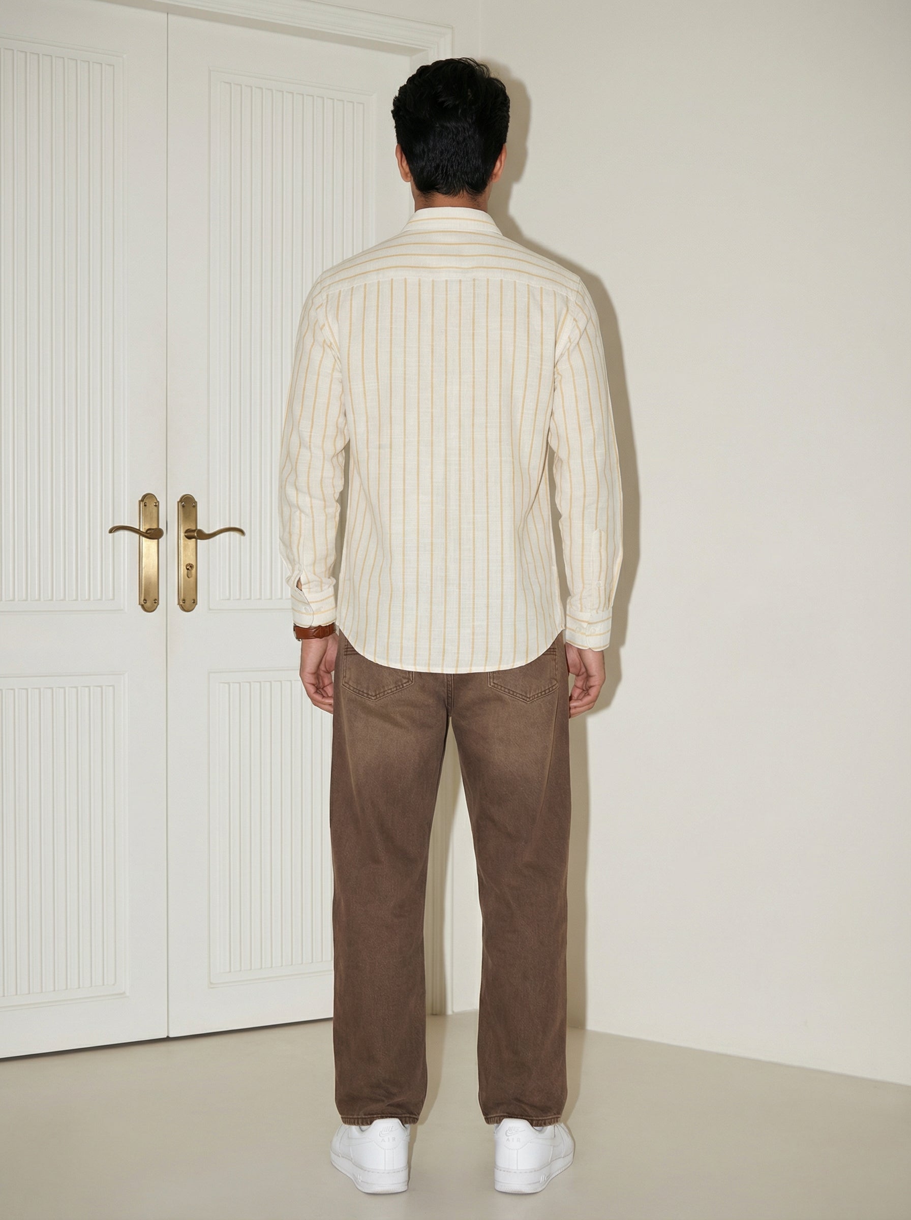 Yellow Striped Band Collar Men's Shirt (Handloom Fabric)