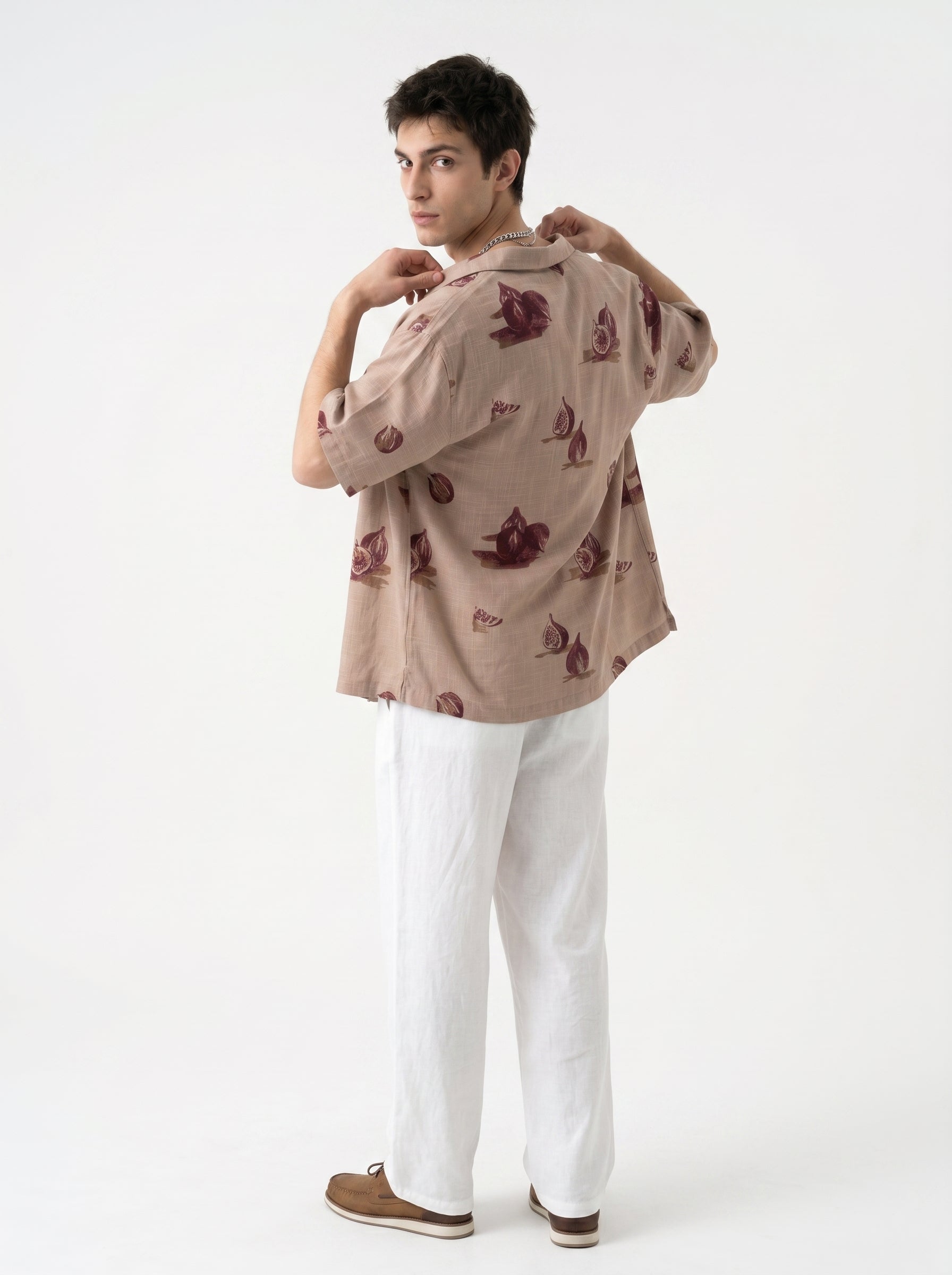 Mauve Conversational Print Cotton Cuban Collar Oversized Men's Shirt