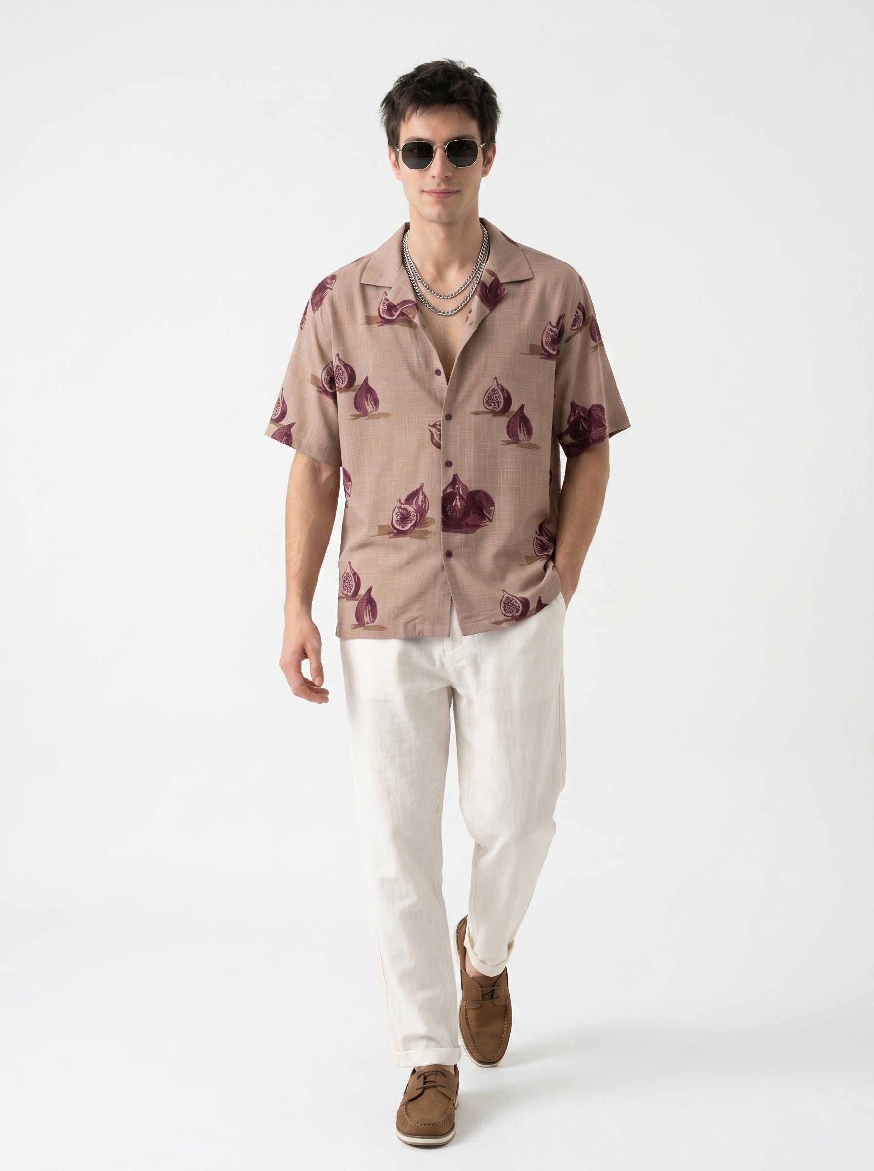 Mauve Conversational Print Cotton Cuban Collar Oversized Men's Shirt