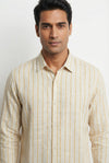 Yellow Striped Band Collar Handloom Cotton Men's Shirt