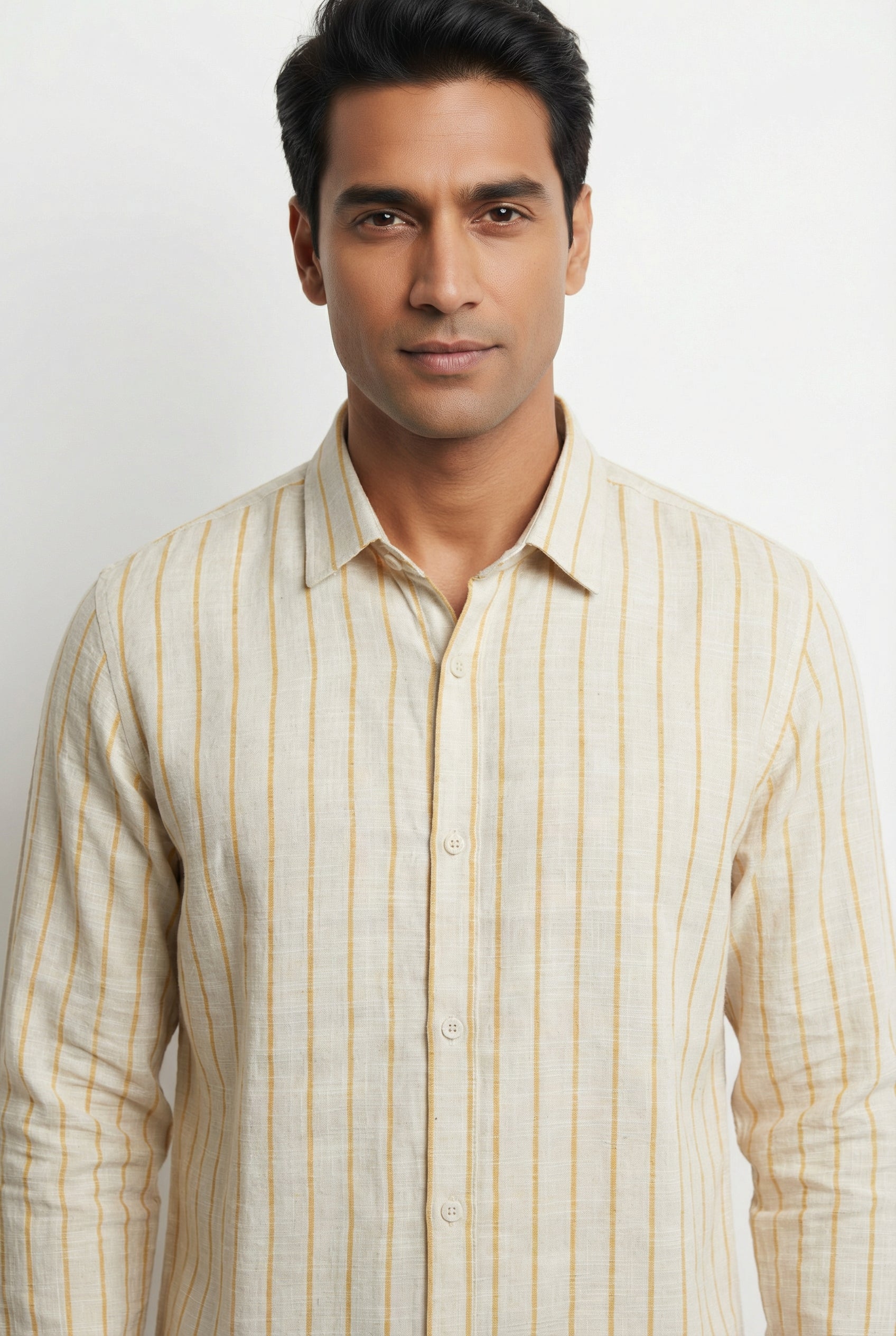 Yellow Striped Band Collar Men's Shirt (Handloom Fabric)