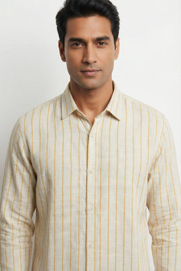 Yellow Striped Band Collar Handloom Cotton Men's Shirt