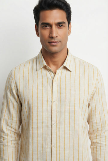 Yellow Striped Band Collar Men's Shirt (Handloom Fabric)
