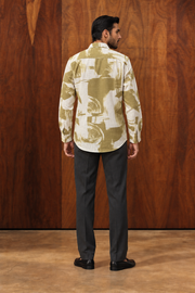 Green Band Collar Abstract Print Cotton Long Sleeve Shirt For Men