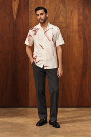 White & Red Abstract Printed Cotton Cuban Collar Short Sleeve Shirt