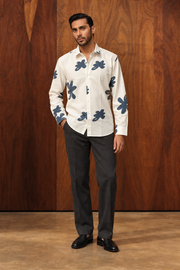 Off White Conversational Print Cotton Spread Collar Long Sleeve Shirt For Men