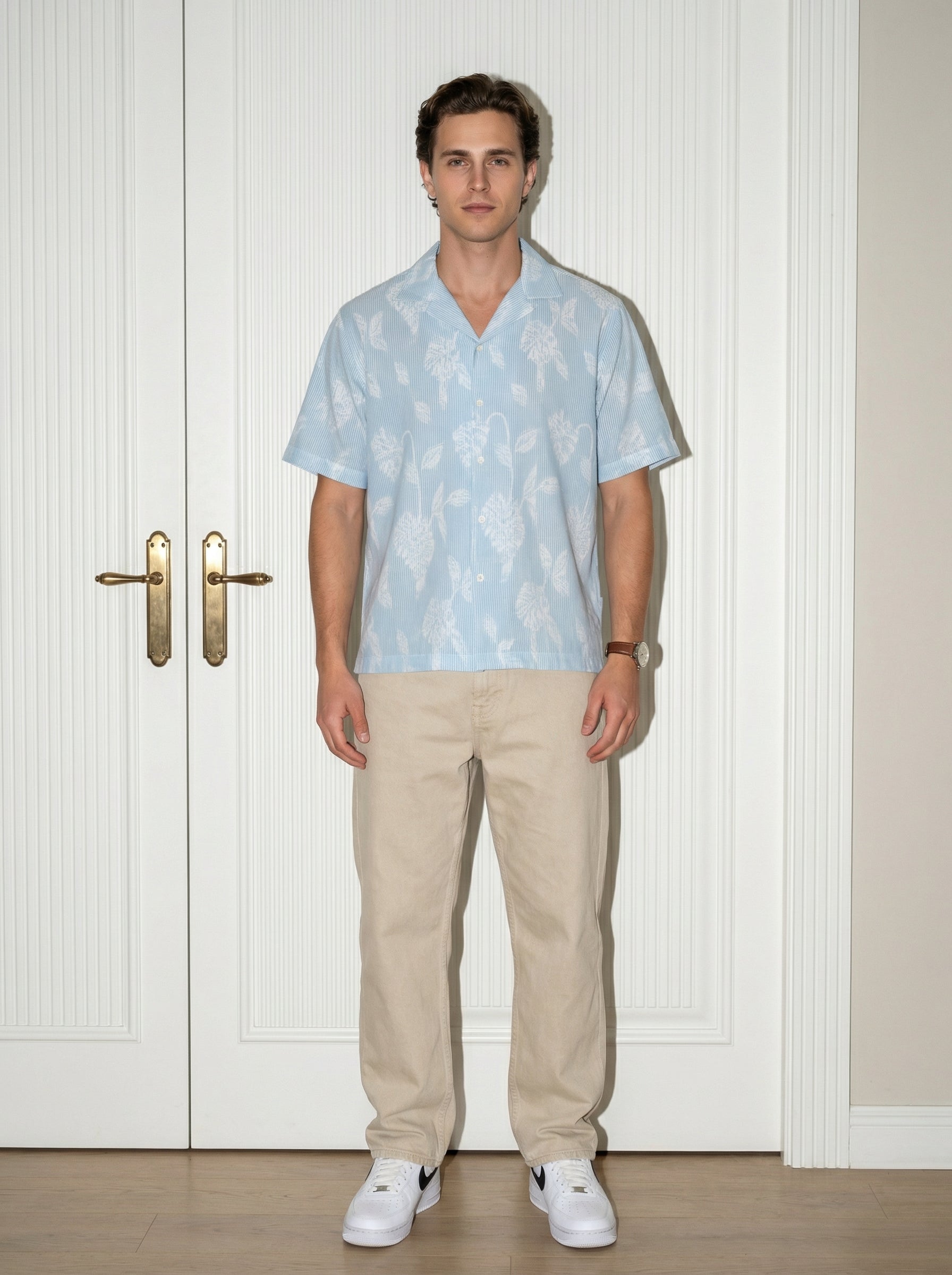 Blue Striped Cuban Collar Half Sleeve Men's Shirt (Handloom Fabric)