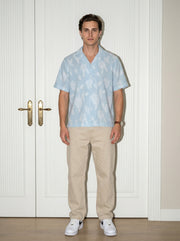 Blue Floral Striped Cuban Collar Half Sleeve Handloom Cotton Oversized Men's Shirt