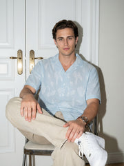 Blue Floral Striped Cuban Collar Half Sleeve Handloom Cotton Oversized Men's Shirt