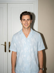 Blue Floral Striped Cuban Collar Half Sleeve Handloom Cotton Oversized Men's Shirt