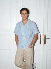 Blue Floral Striped Cuban Collar Half Sleeve Handloom Cotton Oversized Men's Shirt