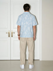 Blue Floral Striped Cuban Collar Half Sleeve Handloom Cotton Oversized Men's Shirt