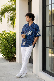 Blue Abstract Print Cuban Collar Print Cotton Oversized Men's Shirt