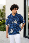 Blue Abstract Print Cuban Collar Print Cotton Oversized Men's Shirt