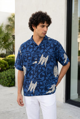 Blue Abstract Print Cuban Collar Print Cotton Oversized Men's Shirt