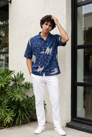 Blue Abstract Print Cuban Collar Print Cotton Oversized Men's Shirt