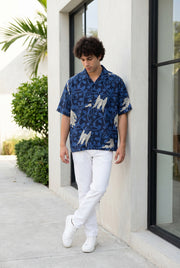 Blue Abstract Print Cuban Collar Print Cotton Oversized Men's Shirt