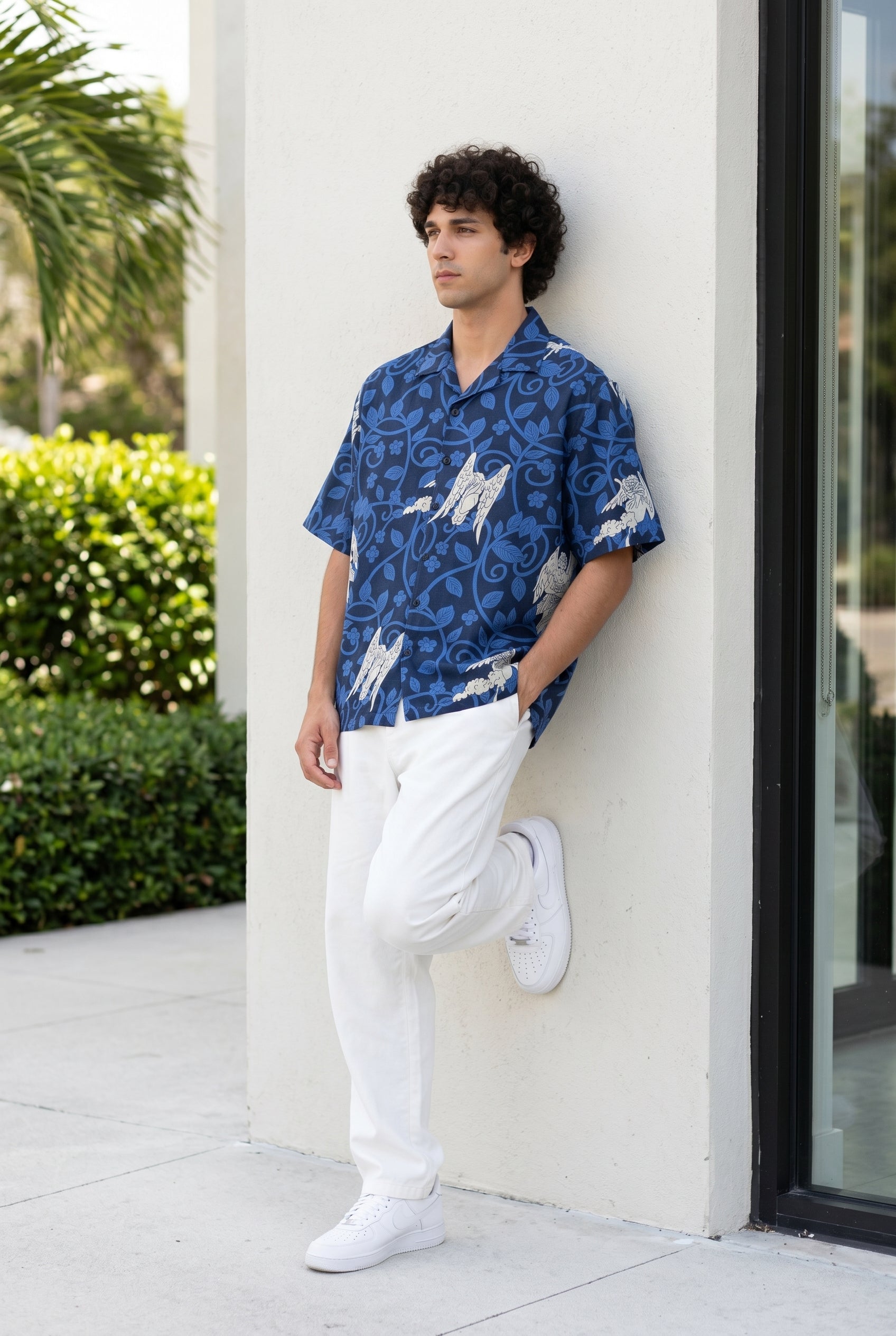 Blue Cuban Collar Printed Relaxed Fit Cotton Men's Shirt