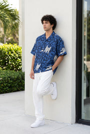 Blue Abstract Print Cuban Collar Print Cotton Oversized Men's Shirt