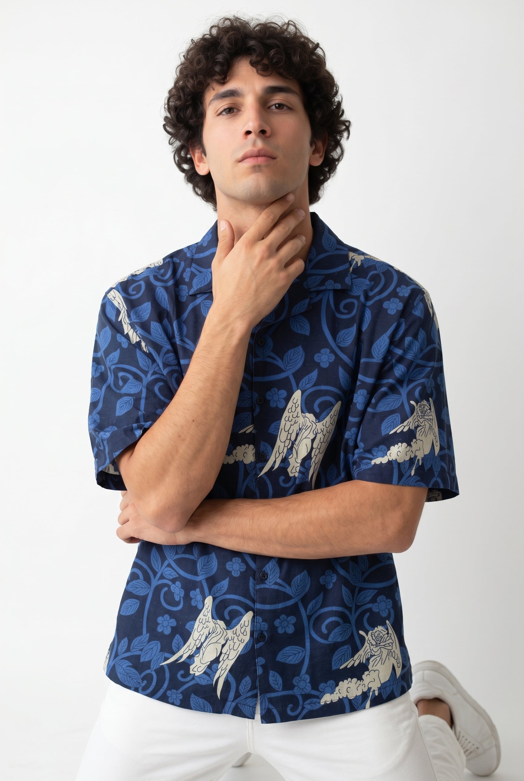 Blue Cuban Collar Printed Relaxed Fit Cotton Men's Shirt