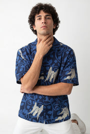 Blue Abstract Print Cuban Collar Print Cotton Oversized Men's Shirt