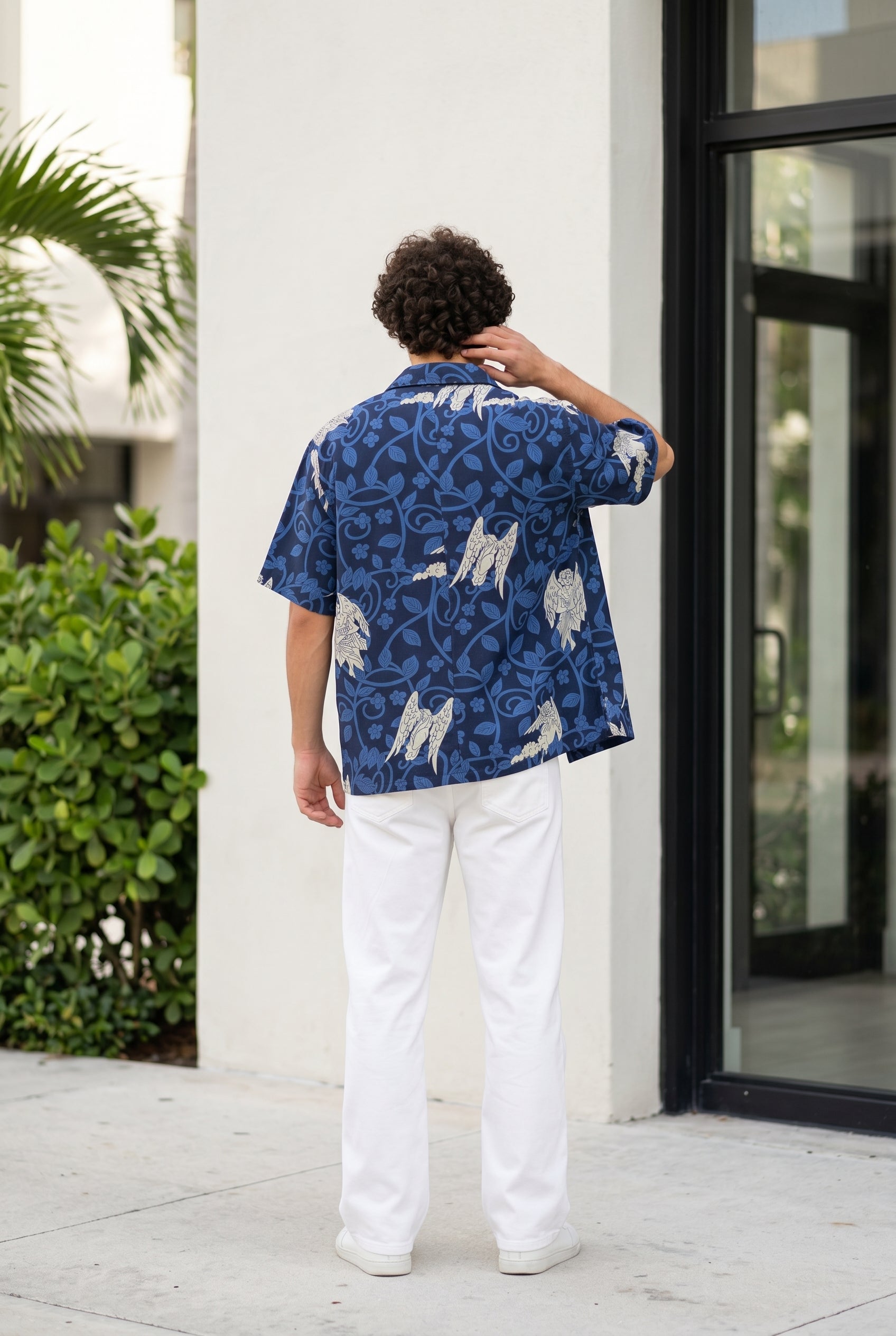 Blue Cuban Collar Printed Relaxed Fit Cotton Men's Shirt