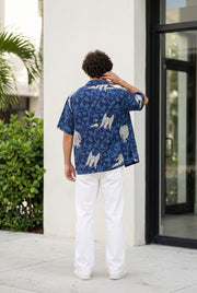 Blue Abstract Print Cuban Collar Print Cotton Oversized Men's Shirt