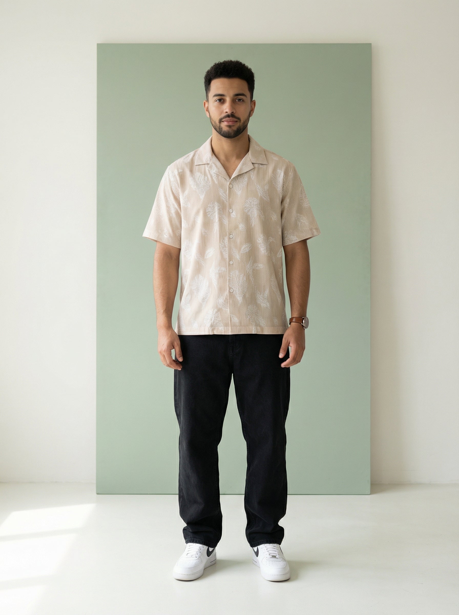 Brown Floral Cotton Cuban Men's Shirt (Handloom Fabric)