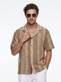 Brown Cuban Collar Striped Print Cotton Oversized Men's Shirt