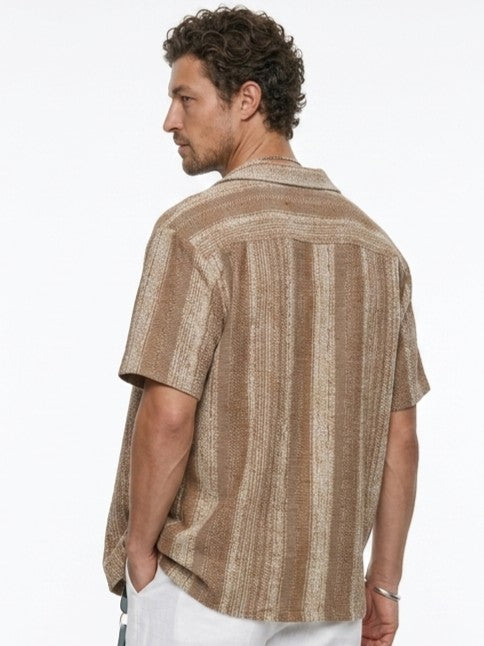 Brown Cuban Collar Striped Print Cotton Oversized Men's Shirt