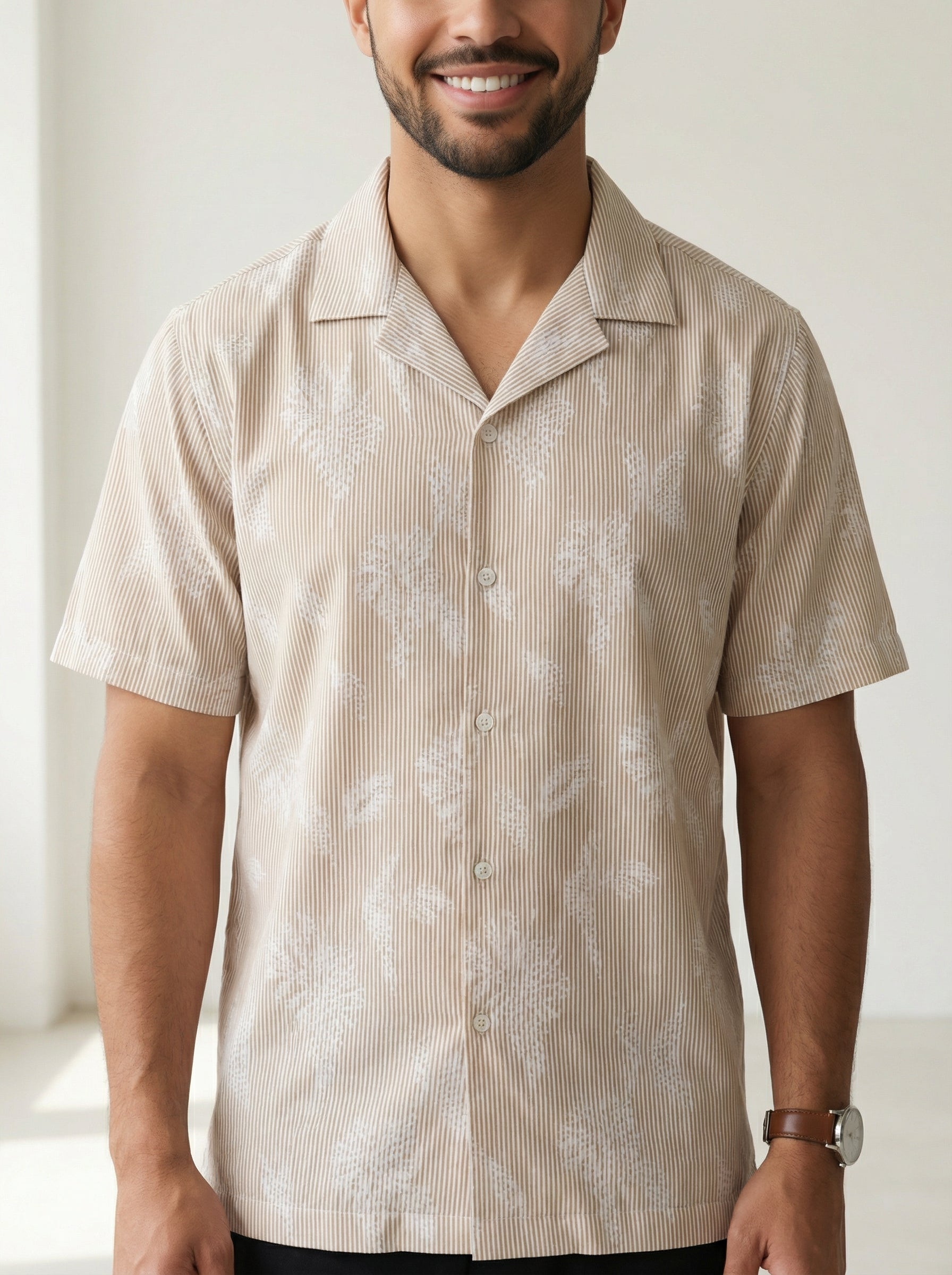 Brown Floral Cotton Cuban Men's Shirt (Handloom Fabric)