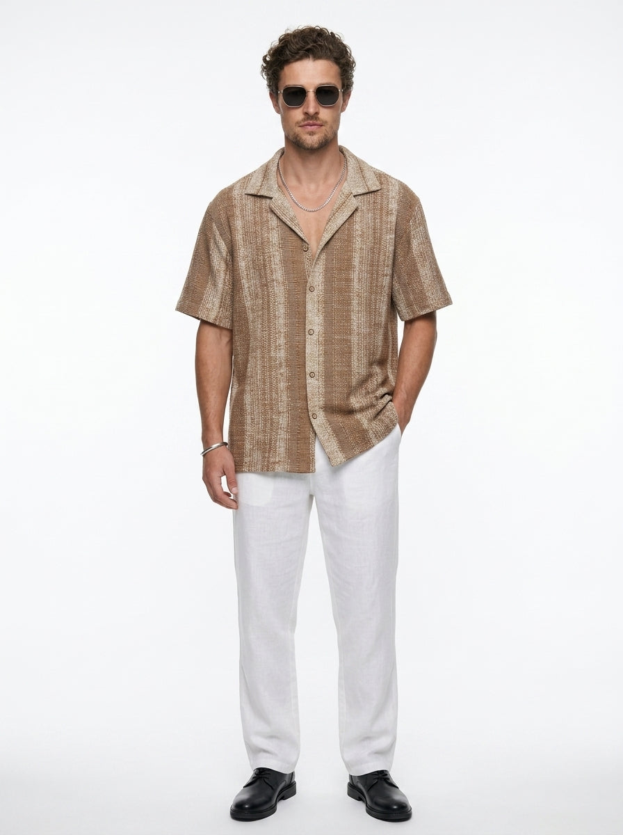 Brown Cuban Collar Striped Print Cotton Oversized Men's Shirt