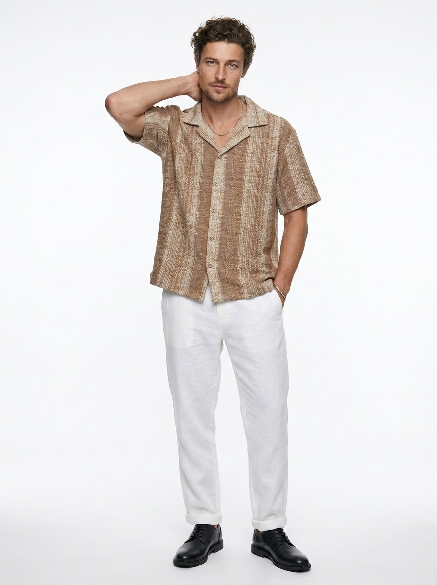Brown Cuban Collar Striped Print Cotton Oversized Men's Shirt