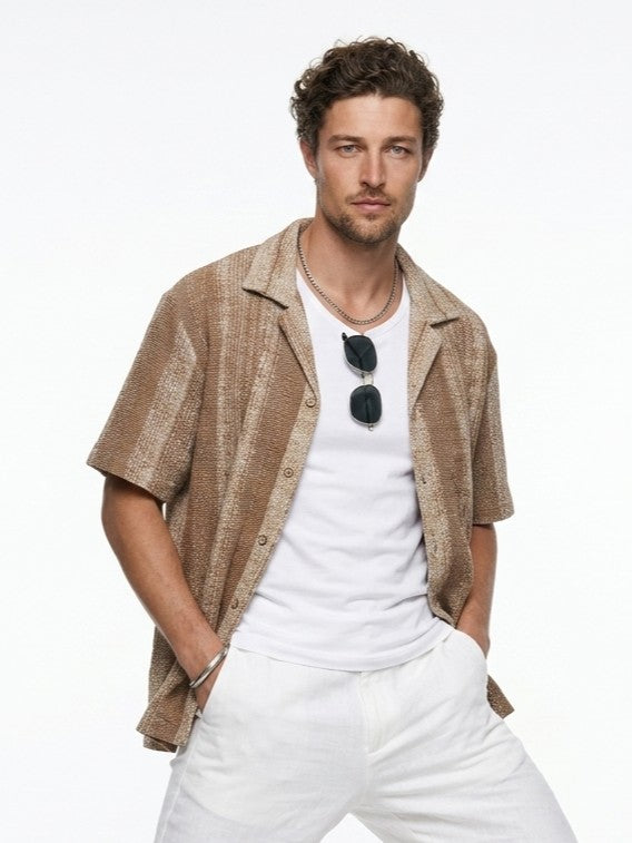 Brown Cuban Collar Striped Print Cotton Oversized Men's Shirt