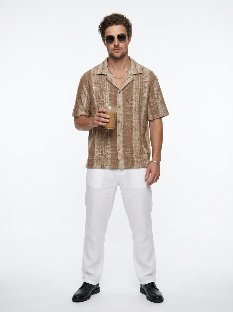 Brown Cuban Collar Striped Print Cotton Oversized Men's Shirt