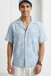 Blue Floral Striped Cuban Collar Half Sleeve Handloom Cotton Oversized Men's Shirt