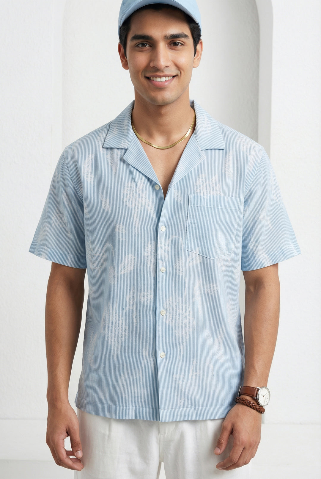 Blue Floral Striped Cuban Collar Half Sleeve Handloom Cotton Oversized Men's Shirt