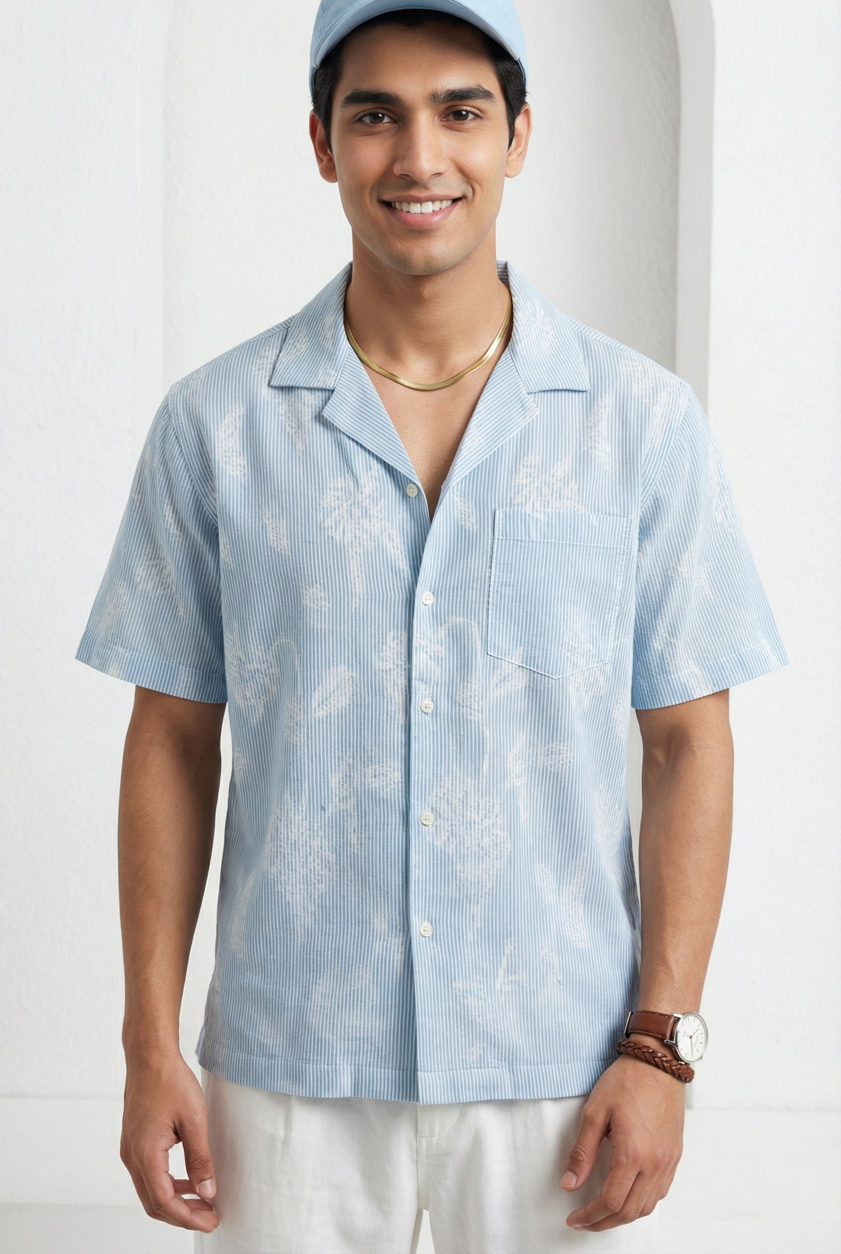Blue Striped Cuban Collar Half Sleeve Men's Shirt (Handloom Fabric)