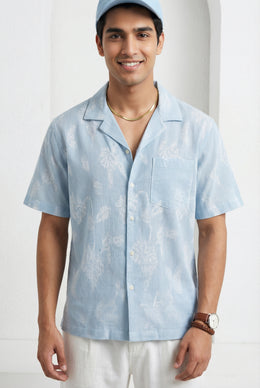 Blue Floral Striped Cuban Collar Half Sleeve Handloom Cotton Oversized Men's Shirt